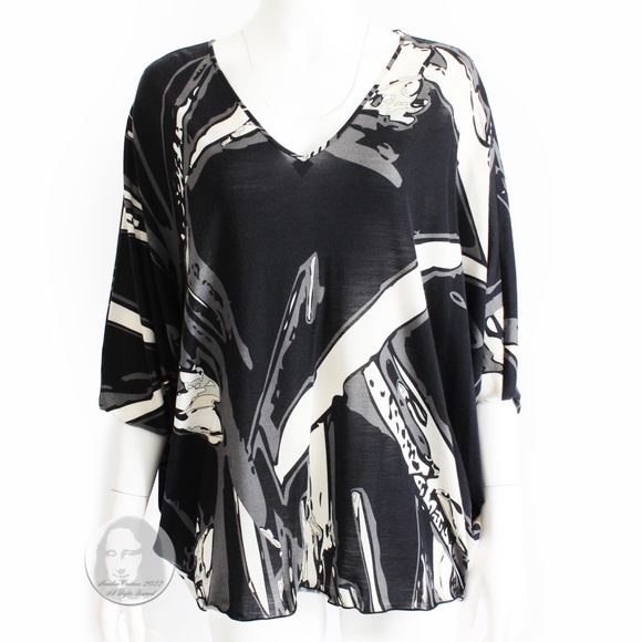Emilio Pucci Top Batwing Sleeve Wool Blend Abstract Black White Gray Beige US 10 - Picture 1 of 9